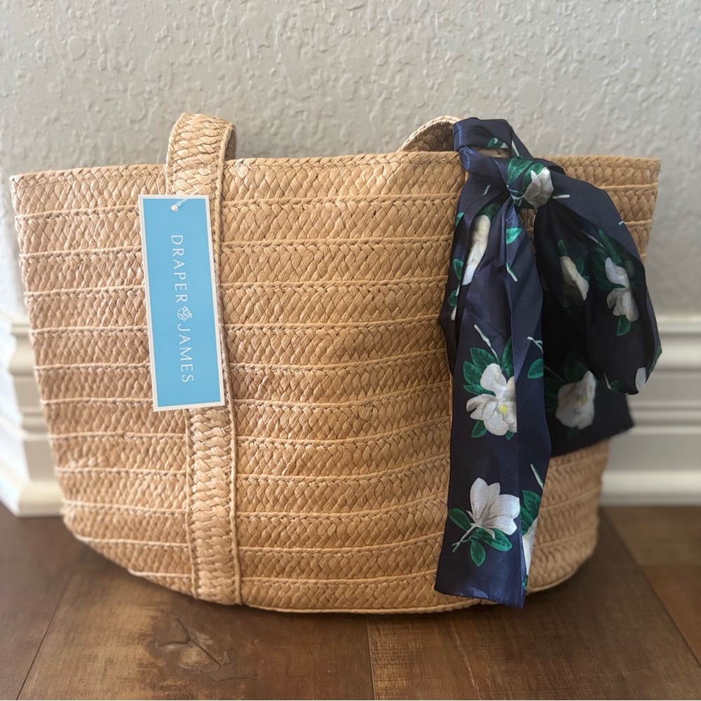Draper James Everyday Straw Tote Navy Blue White Magnolia Floral Bow Scarf NWT